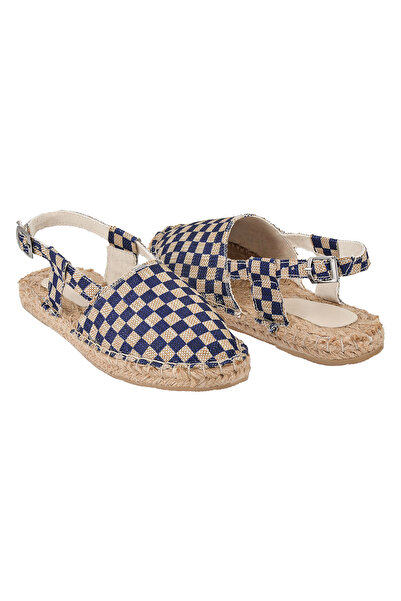 Streetfly Handmade Straw Sole Navy Blue Checked Women's Espadrille