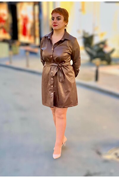 wisteriA Gömlek yaka uzun kol deri elbise