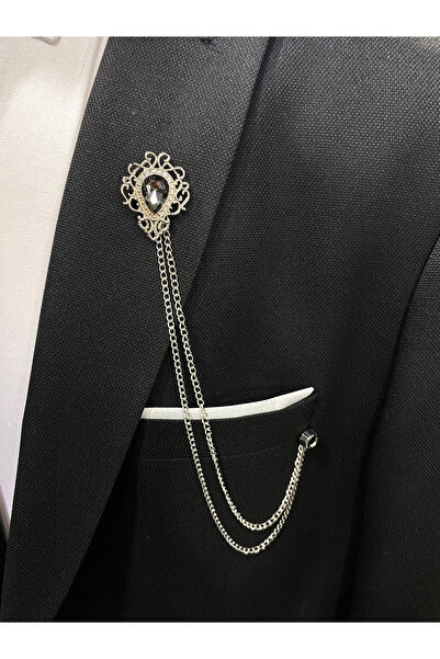 Elegante Cravatte Taş Detaylı Premium Model Zincirli Ceket Yaka İğnesi