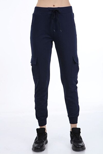 JustBS Pantaloni de trening pentru femei, ALBASTRU ÎNCHIS, din cauciuc, cu bu...