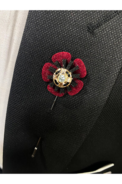 Elegante Cravatte Taş Detaylı Bordo Renk Çiçek Figürlü Ceket Yaka Iğnesi Broş