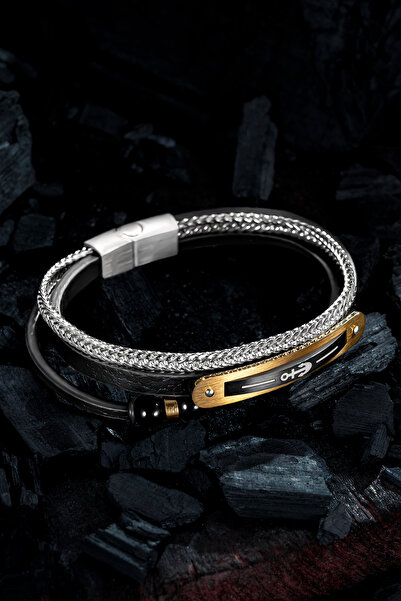 OSMANLI GÜMÜŞ Doğal Oniks Taşlı Deri Çelik 3 Lü Erkek Bileklik Altın Kaplama ...