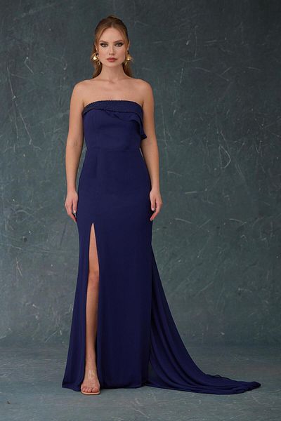 Carmen Navy Blue Strapless Sweep Train Chiffon Evening Dress