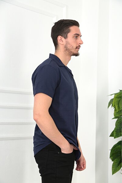 MCZ GİYİM Cămașă pentru bărbați din in, culoare bleumarin, cu mâneci scurte