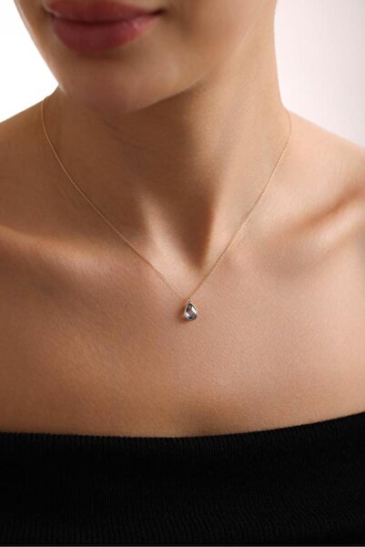 Tufanlar Kuyumculuk 14 Ayar Altın Açık Mavi Taşlı Damla Kolye