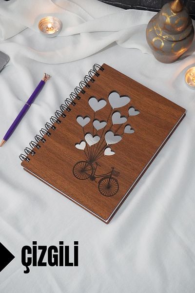 markcat Caiet cu copertă din lemn cu dungi cu baloane pentru biciclete - Agenda/Caiet școlar (A5 - 120 coli)
