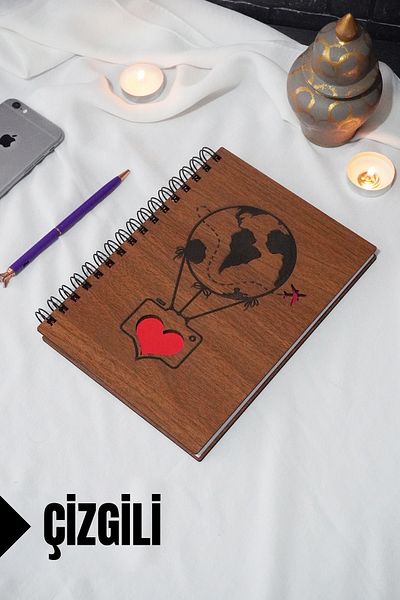 markcat Flying Balloon Themed Lined Notebook with Wooden Cover - Agenda/school Notebook (A5 - 120 Pages)