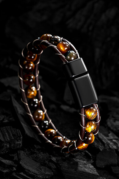 OSMANLI GÜMÜŞ Erkek Doğal Taş Bileklik - Kaplan Gözü Doğal Taş Boncuk Erkek B...