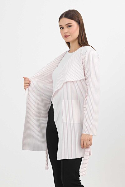 Rays 1059 Model Red Striped Long Cardigan with Pockets