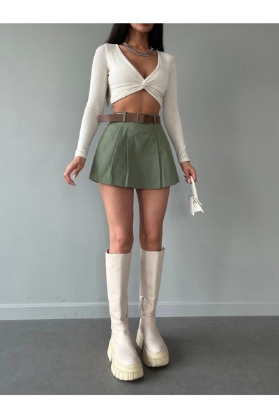Maude Kadın Haki Piliseli Kemerli Mini Şortlu Etek