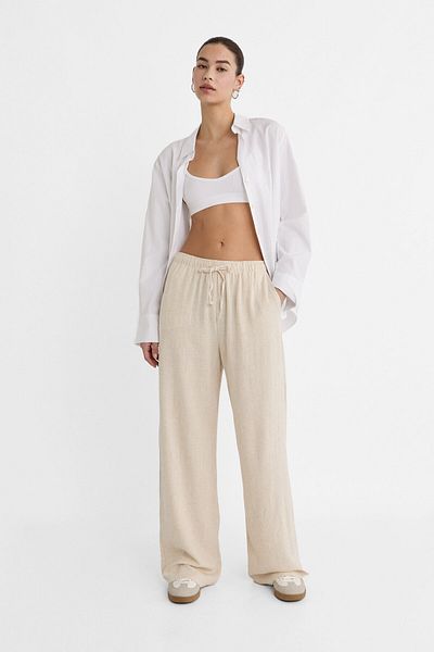 Stradivarius Keten Karışımlı Bol Kesim Ekru Pantolon