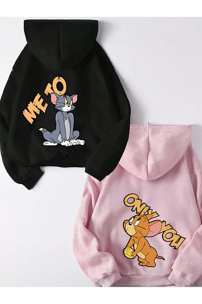 pandy 2-Piece Tom and Jerry Printed Oversize Hooded Kangaroo Pocket Couple Sweatshirts