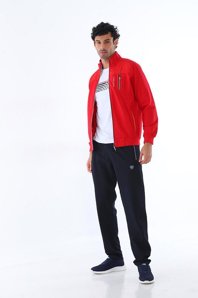 Piyera Men's Red Two Thread Fabric Stand Collar Zippered Long Sleeve Tracksuit Set with Pockets - 7402