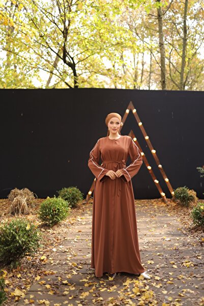 Nissra Ankanoor Brown Hidden Placket Bias Abaya Sleeve Ferace Anka 255058