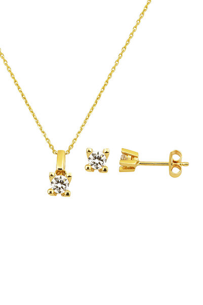 Bilezikci 14 Ayar Klasik Tektaş Altın Kolye Küpeli Set