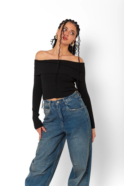 Bak Moda Madonna Collar Knitwear Black Bodysuit with Fold Shoulder