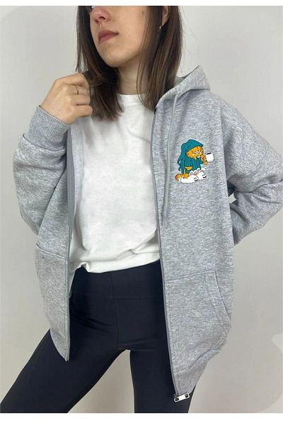 pandy Cartoon Printed Unisex Hooded Oversize Seasonal Zip-Up Sweatshirt/Cardigan