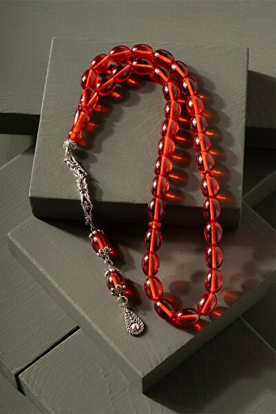 TESBİHKENTİ Светлочервени красиви молитвени мъниста с един пискюл и огън от к...