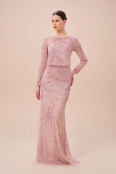 Oleg Cassini Light Pink Long Sleeve Sequin Embroidered Long Evening Dress 4Xlwgin-1226C