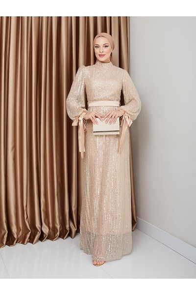 Olcay Hijab-Abendkleid mit Pailletten und Schleifendetail – BEIGE 1222
