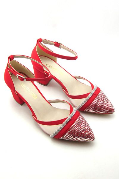 Erkan Saçmacı Susie Red Crepe Stone Pointed Toe Thick Heeled Evening Dress Shoes