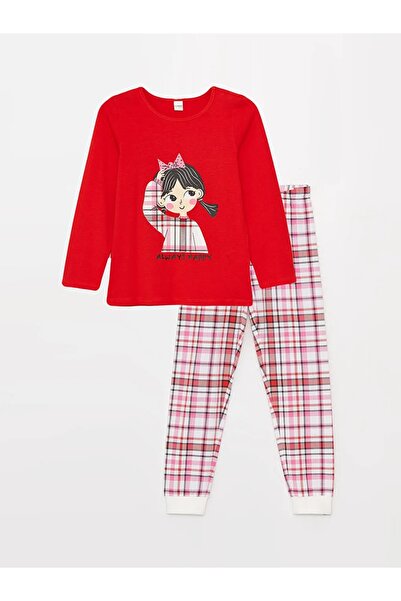 LC Waikiki LCW Kids Kırmızı Bisiklet Yaka Baskılı Uzun Kollu Kız Çocuk Pijama Takımı