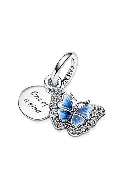 Pandora Mavi Kelebek ve Yazılı Çift Sallantılı Charm