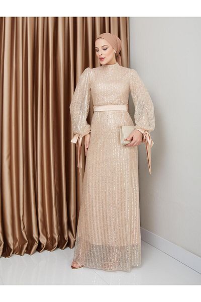 Olcay Hijab-Abendkleid mit Pailletten und Schleifendetail – BEIGE 1222