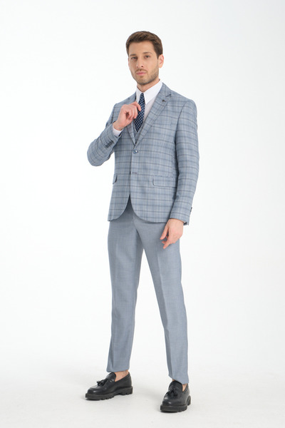 Frappoli Ekose Desenli Slim Fit Erkek Mono Yaka Çift Yırtmaçlı Astarlı Takim Elbise