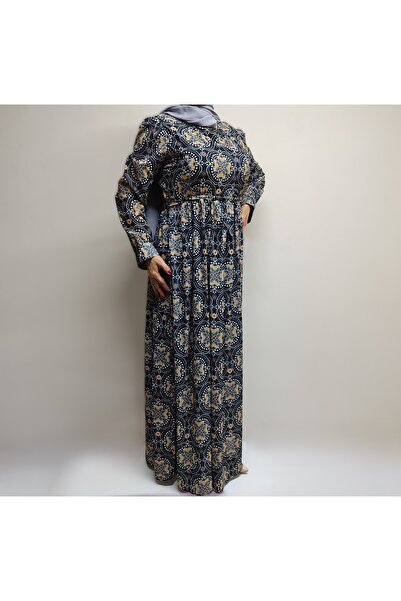 fero life Siyah Yuvarlak Desenli Battal Şifon Elbise