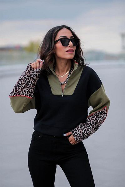 SHUGAA Hanorac LEOPARD cu jumătate de fermoar cu șargon cu trei fire pentru femei