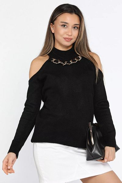 GÜLSELİ Bluză de damă din tricot cu umeri decoltate cu lanț din față