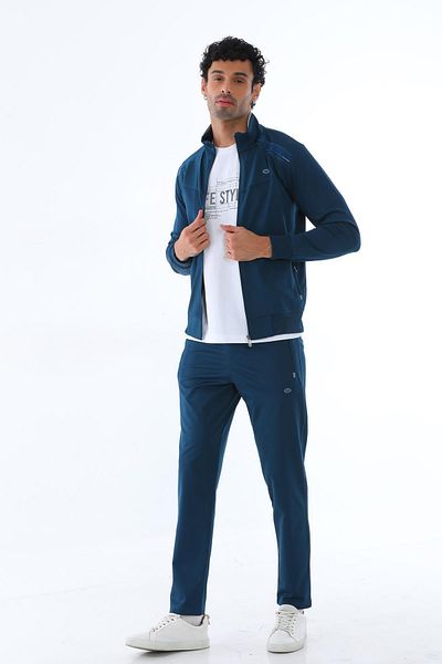 Piyera Men's Two Thread Diver Fabric Zippered Petrol Blue Sports Tracksuit Set - 7506