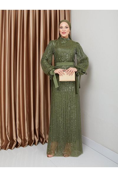 Olcay GRÜNE Pailletten-Hijab-Abendkleider mit Schleifendetail und Ärmel 1222
