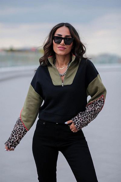 SHUGAA Hanorac LEOPARD cu jumătate de fermoar cu șargon cu trei fire pentru femei