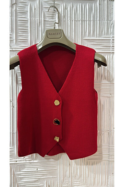 VıoShıne Kadın Metal Düğme Kapama Detaylı V Yakalı Triko Yelek