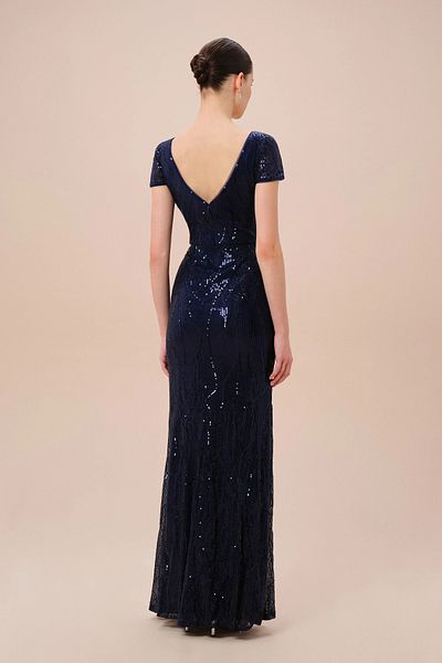 Oleg Cassini Navy Blue Short Sleeve Sequin Embroidered Long Evening Dress D40Wbm4259V1