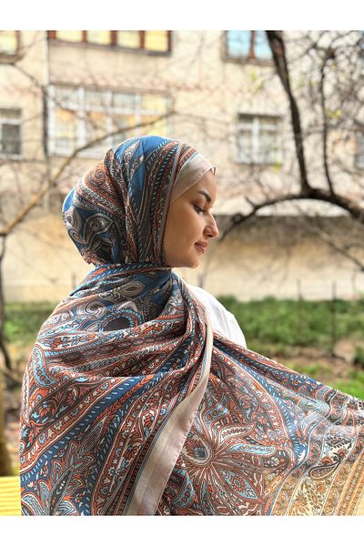 shalby Hijab Ethnic Patterned Cotton Shawl Cream - Blue