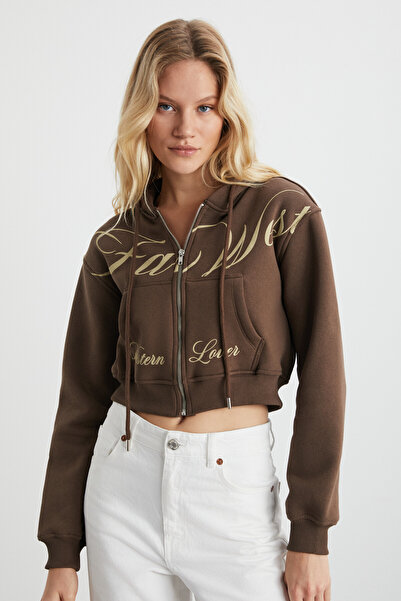 GRIMELANGE Dıanetta Дамска къса блуза с качулка от органичен памук с детайли от шардон и цип в кафяво