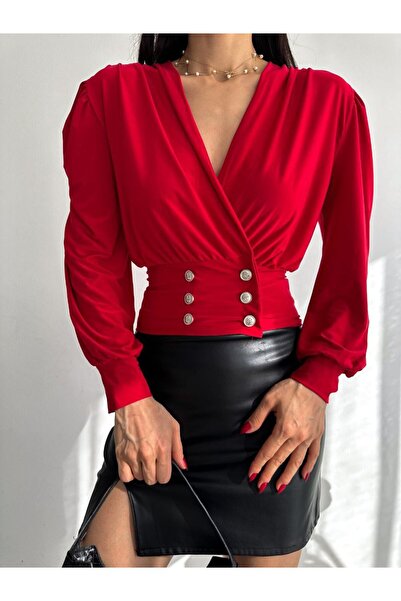 WellWay Блуза с двойни копчета и пясъчен плат, червена