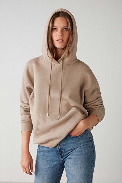 GRIMELANGE Γυναικείο μπεζ φούτερ Adel - οργανικό βαμβάκι, φλις, μαλακό και καγκουρό με κουκούλα