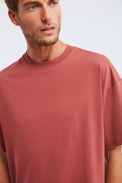 GRIMELANGE Jett Herren-T-Shirt mit übergroßer Passform, 100 % Bio-Baumwolle, dickes, strukturiertes T-Shirt mit Rundhalsausschnitt in Ziegelsteinfarben
