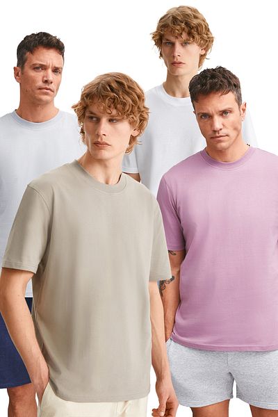GRIMELANGE Alessandro Men's 4-Piece Organic Cotton Regular Thick Textured Crew Neck Pmb/ Grey/ Vzn/ Byz T-Shirt