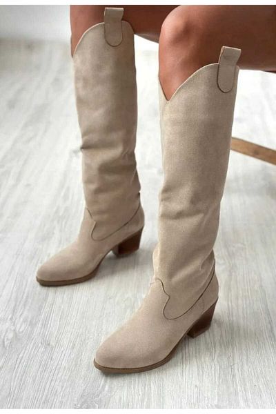 LUNA SHOES Γυναικείες καουμπόικες μπότες μπεζ-κρεμ Χειμερινές μπότες κάτω από το γόνατο Μπότες νέας σεζόν