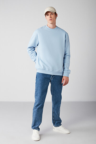 GRIMELANGE Travıs Erkek Organik Kumaşlı Yumuşacık Regular Fit Yuvarlak Yakalı Mavi Sweatshirt