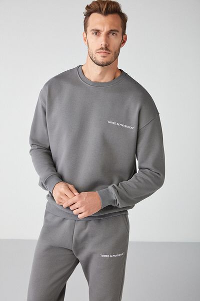 GRIMELANGE Marshall Herren-Trainingsanzug-Set aus Baumwolle, Fleece-Innenseite, bestickt, entspannt, grau