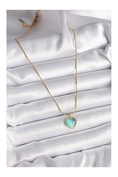 Store 316L Steel Gold Color Blue Cat Eye Pearlescent Heart Model Women's Necklace