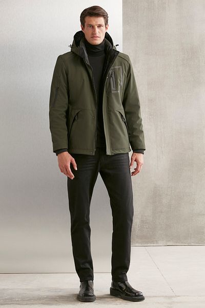 GRIMELANGE Pánská goretexová vodoodpudivá tkanina Bernard Uvolněná khaki kabát s kapucí na zip a kožešinou uvnitř