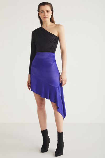 GRIMELANGE Nellie Women's Asymmetrical Cut Satin Fabric Zipper Detailed Stylish Purple Skirt