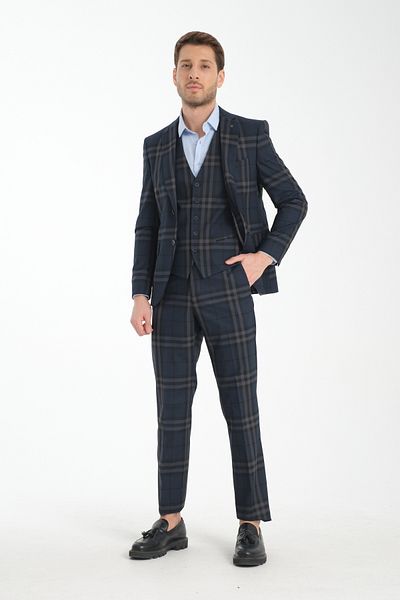 Frappoli Slim Fit Navy Blue καρό καρό μονόχρωμο κοστούμι με διπλό σχιστό γιακά